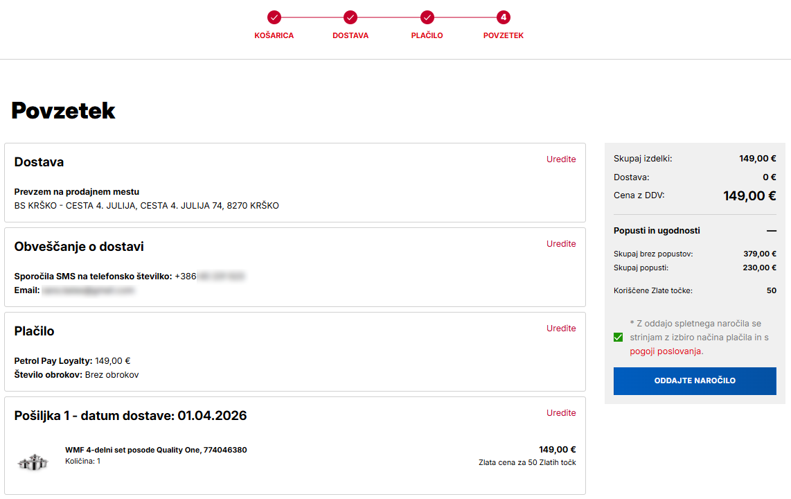 Povzetek naročila v Petrol eShop. Prikazan je prevzem na prodajnem mestu BS Krško, način obveščanja prek SMS in e-pošte ter plačilo s Petrol Pay Loyalty v znesku 149,00 €. Naveden je izdelek WMF 4-delni set posode s količino 1 in datumom dostave 01.04.2026. Gumb »Oddajte naročilo« za zaključek nakupa.